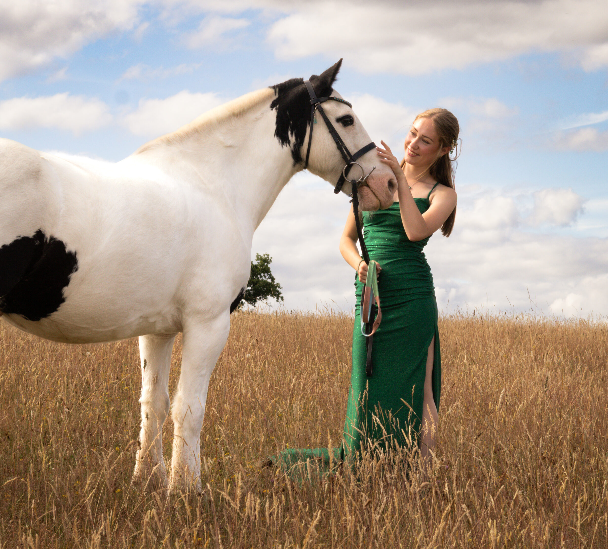 A woman in an elegant gown with a grey horse in the West Midlands countryside